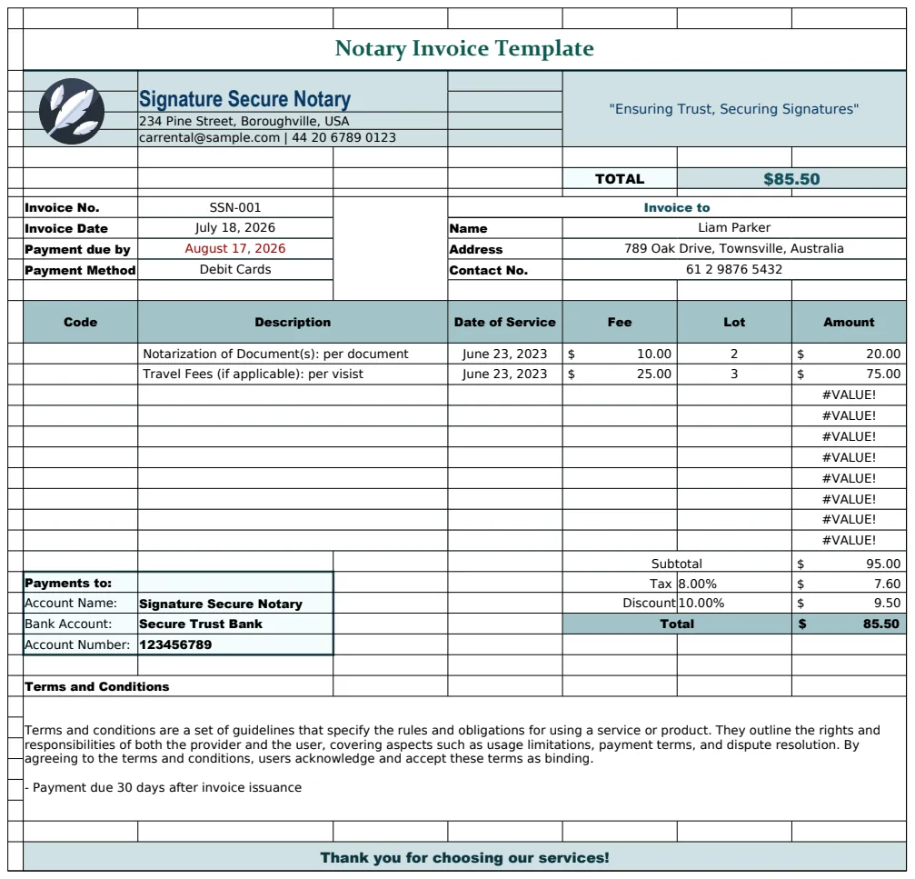 Notary Invoice Template preview