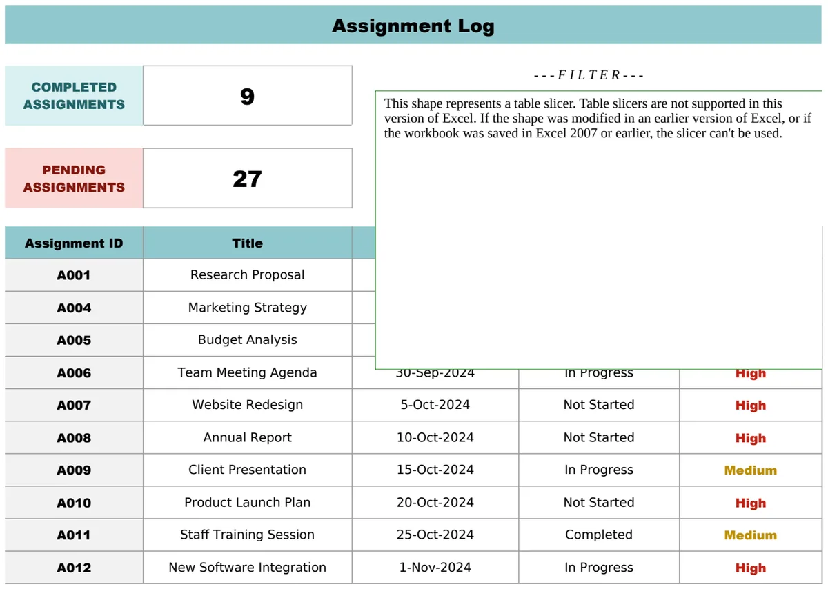 Multiple Assignment Excel Template preview