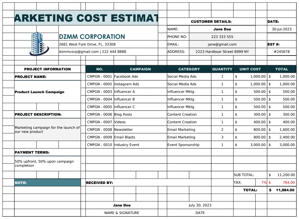 Marketing Cost Estimate Template preview