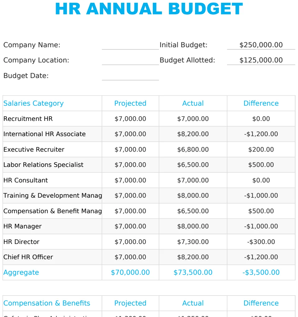 HR Annual Budget Template US preview