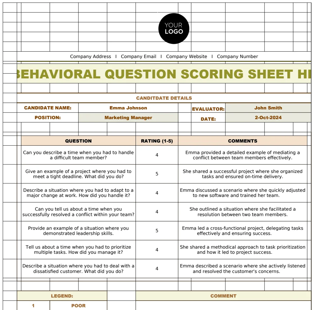 Behavioral Question Scoring Sheet HR Template preview