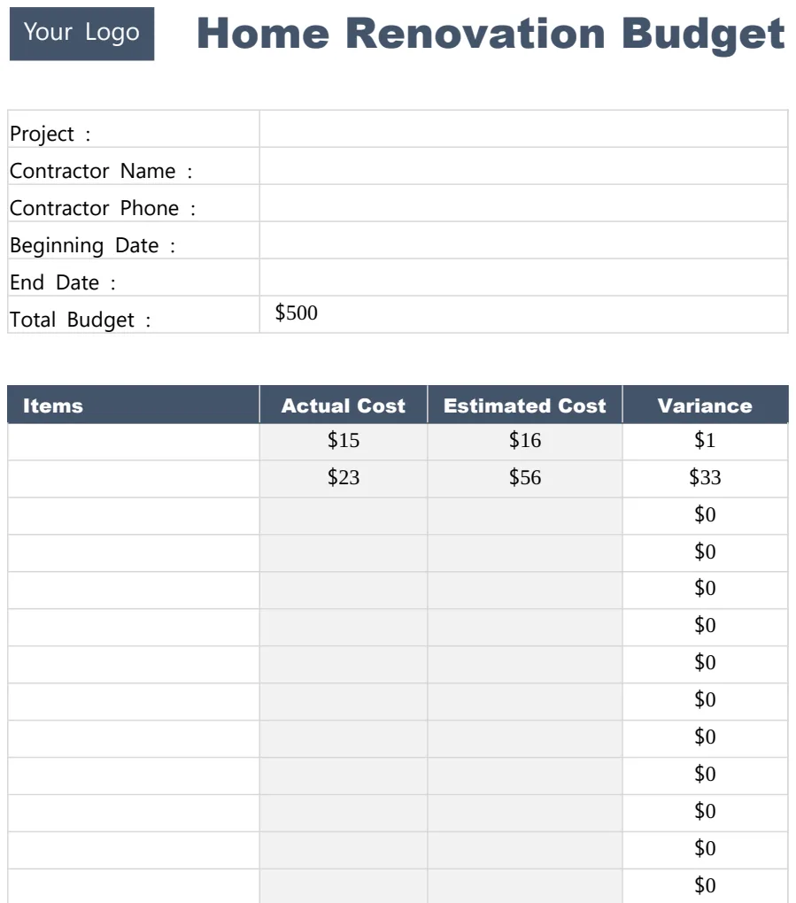 Home Renovation Budget Template preview