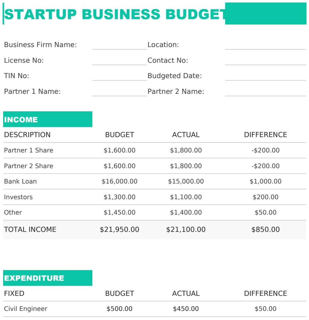 Startup Business Budget Template US preview