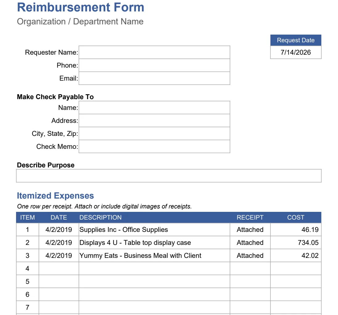 Reimbursement Form with Receipts preview