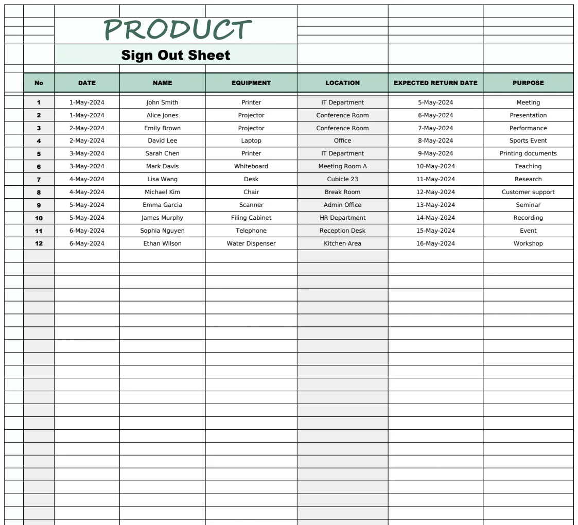 Product Sign Out Sheet Template preview