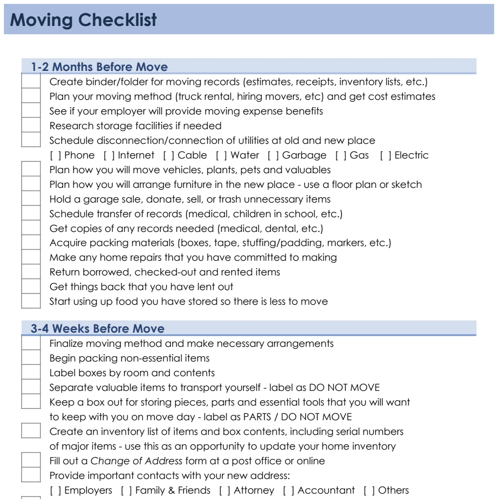 Moving Checklist preview