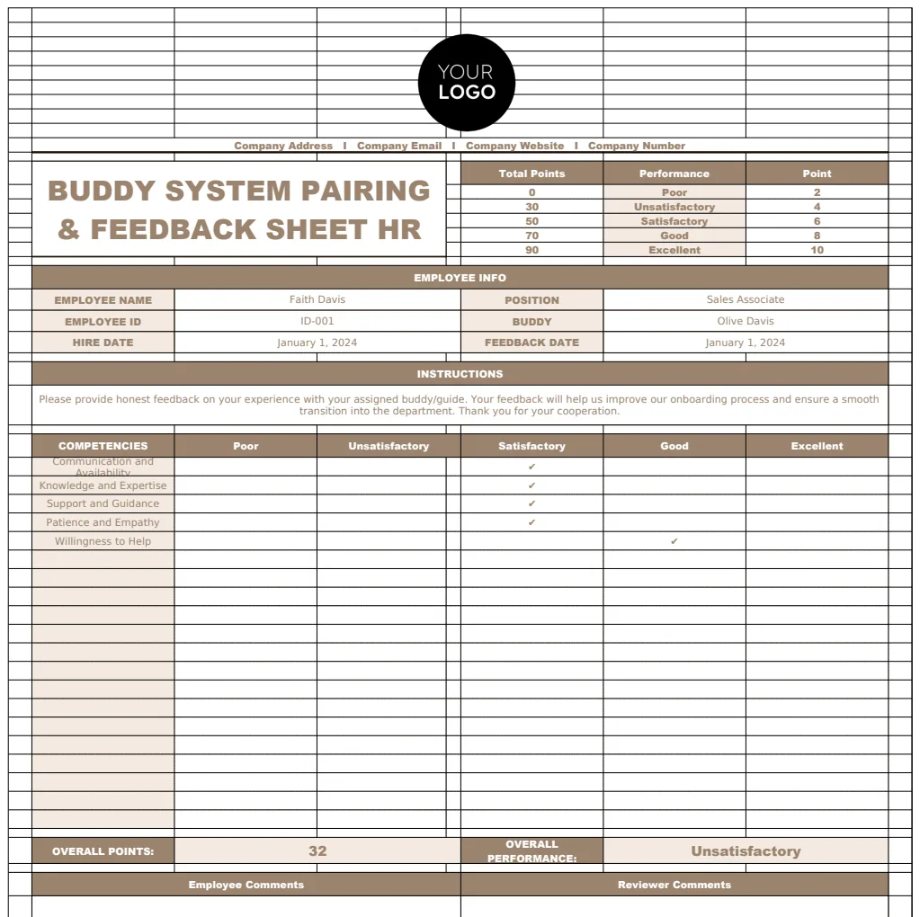 Buddy System Pairing & Feedback Sheet HR Template preview