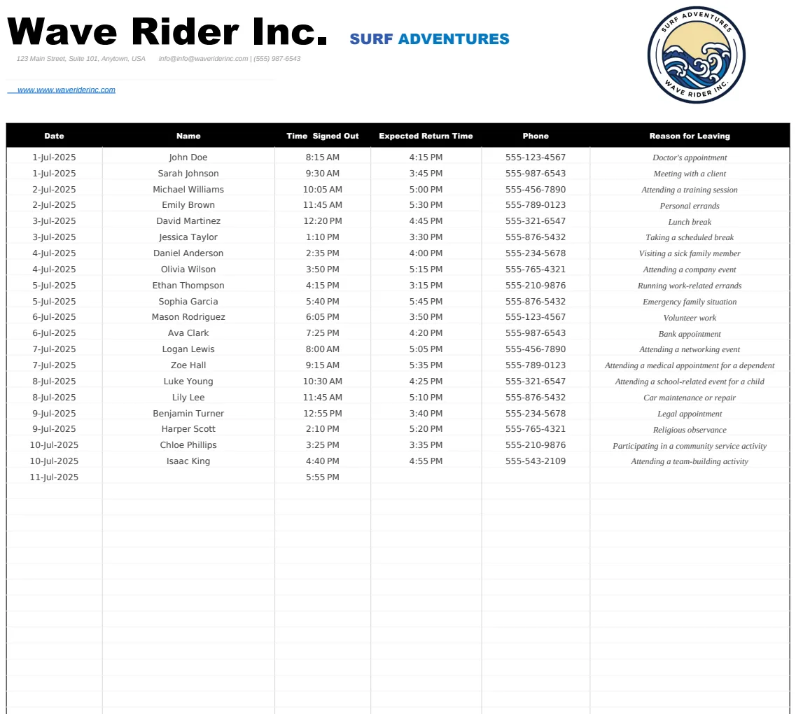 Employee Sign Out Sheet Template preview