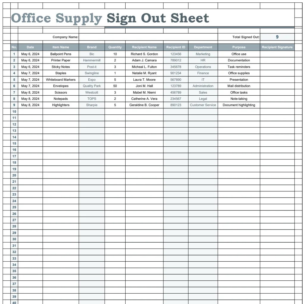 Office Supply Sign Out Sheet Template preview