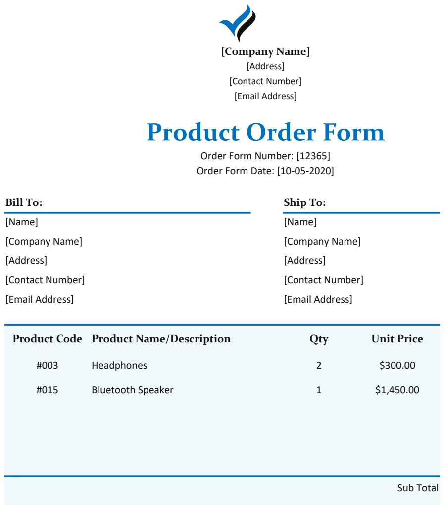 Product Order Form preview
