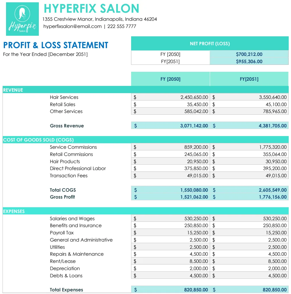 Salon Profit And Loss Template preview