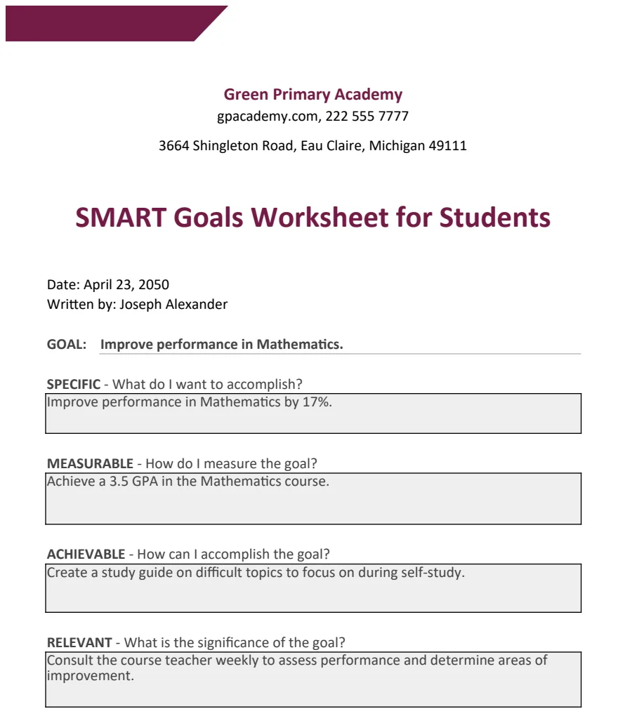 Smart Goals Worksheet Template for Students preview