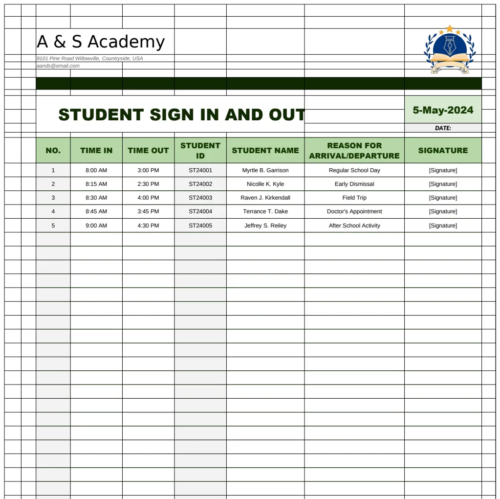 Student Sign In and Out Sheet Template preview