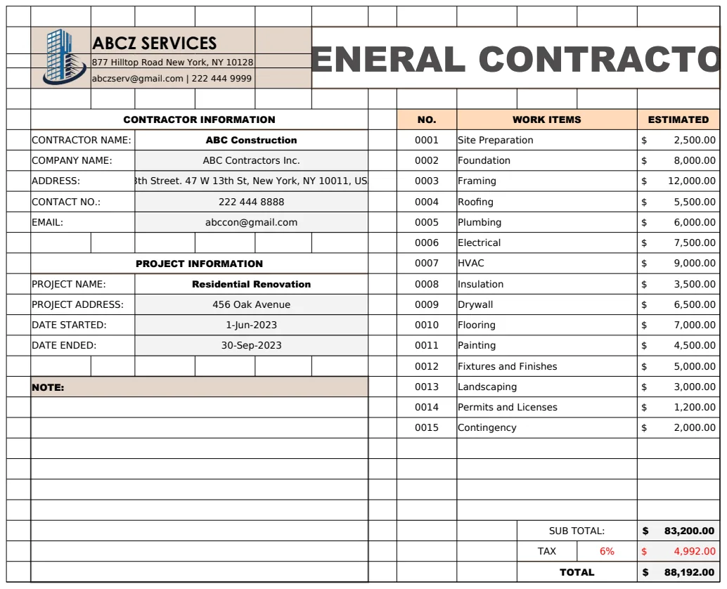 General Contractor Estimate preview