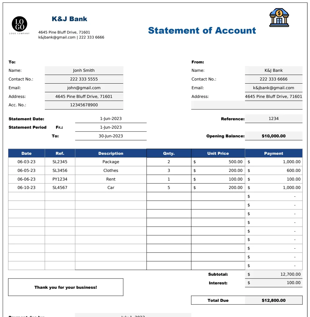 Statement of Account Excel Template preview