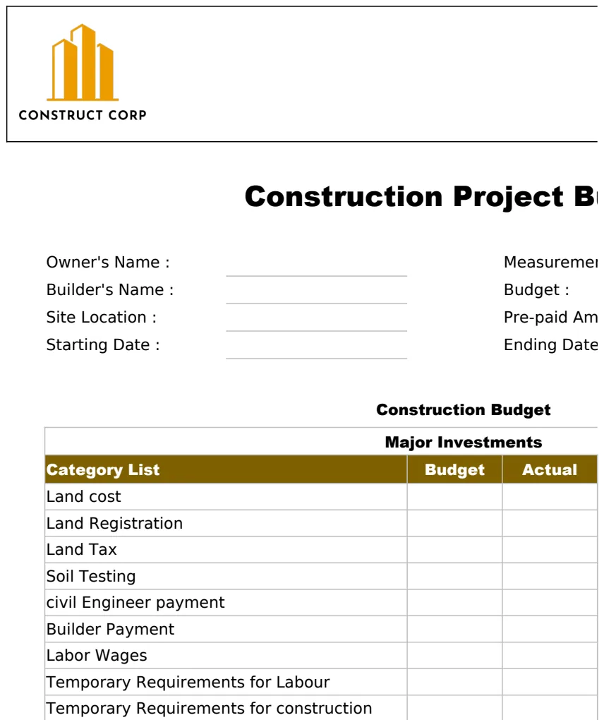 Construction Project Budget Template preview