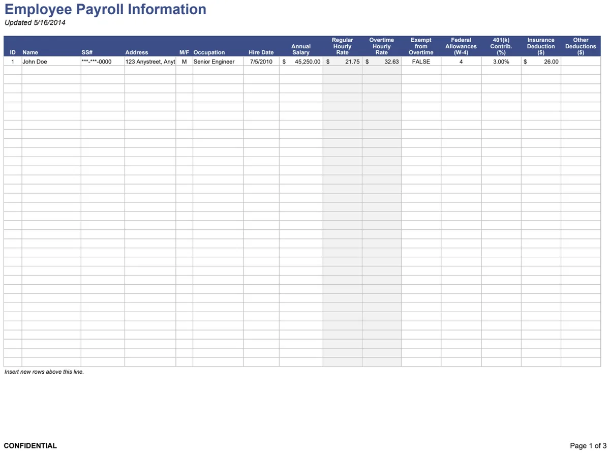 Payroll Register & Employee Information Template preview
