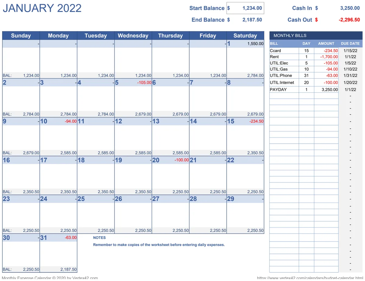 Budget Calendar Daily Balance preview