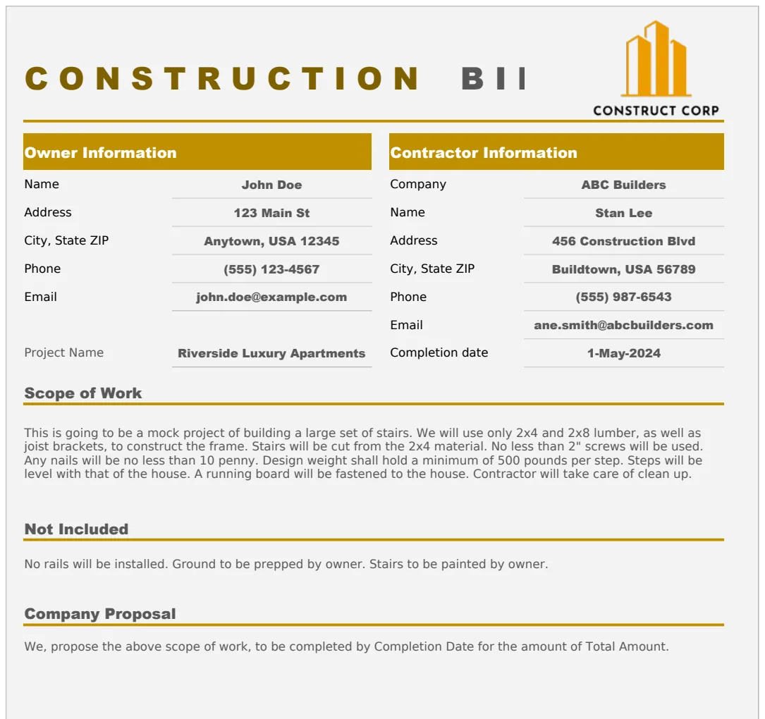 Construction Bid Form Template template preview