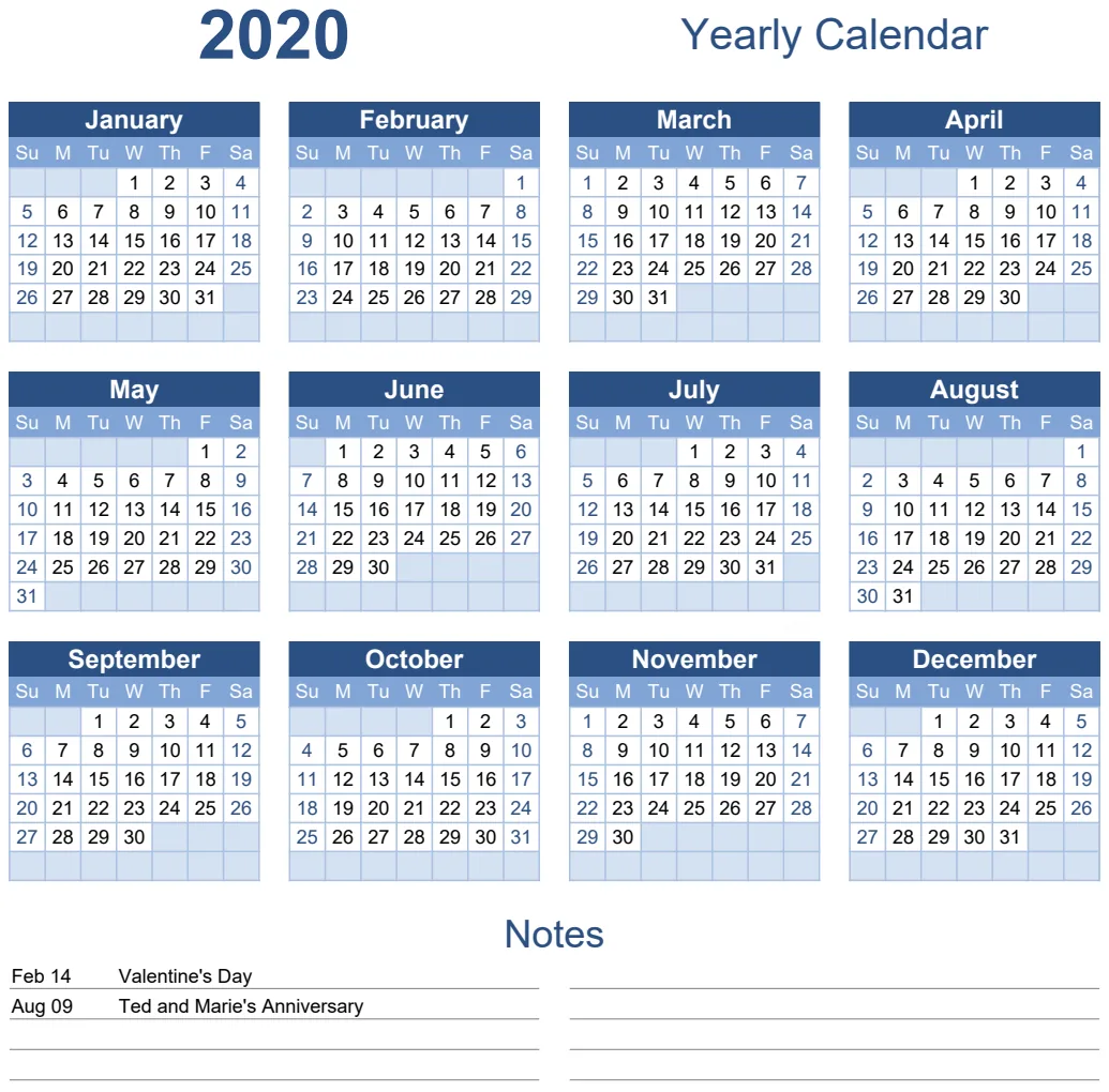 Yearly Calendar Portrait with Notes preview