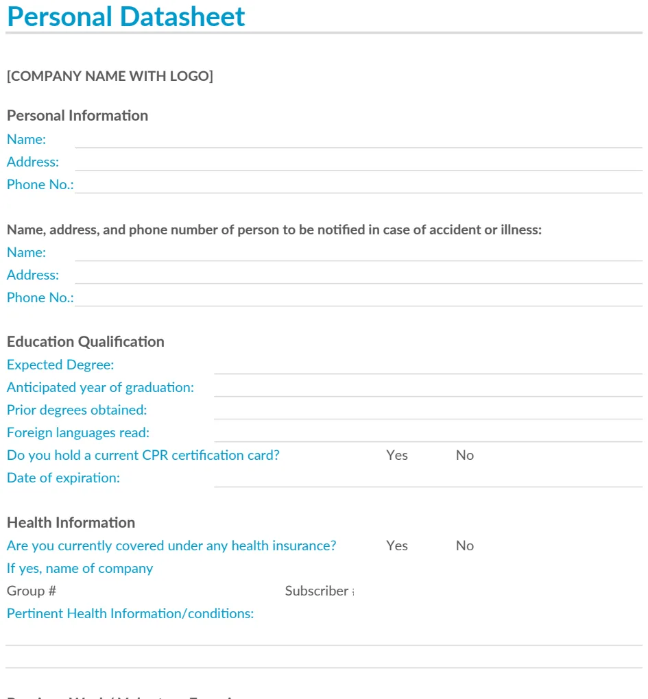 Personal Datasheet Template preview
