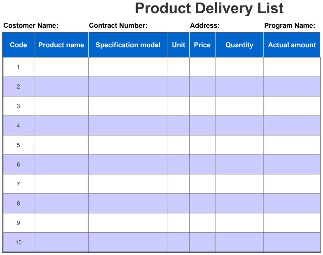 Product Delivery List preview
