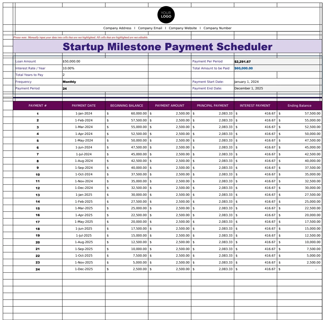 Startup Milestone Payment Scheduler Template preview