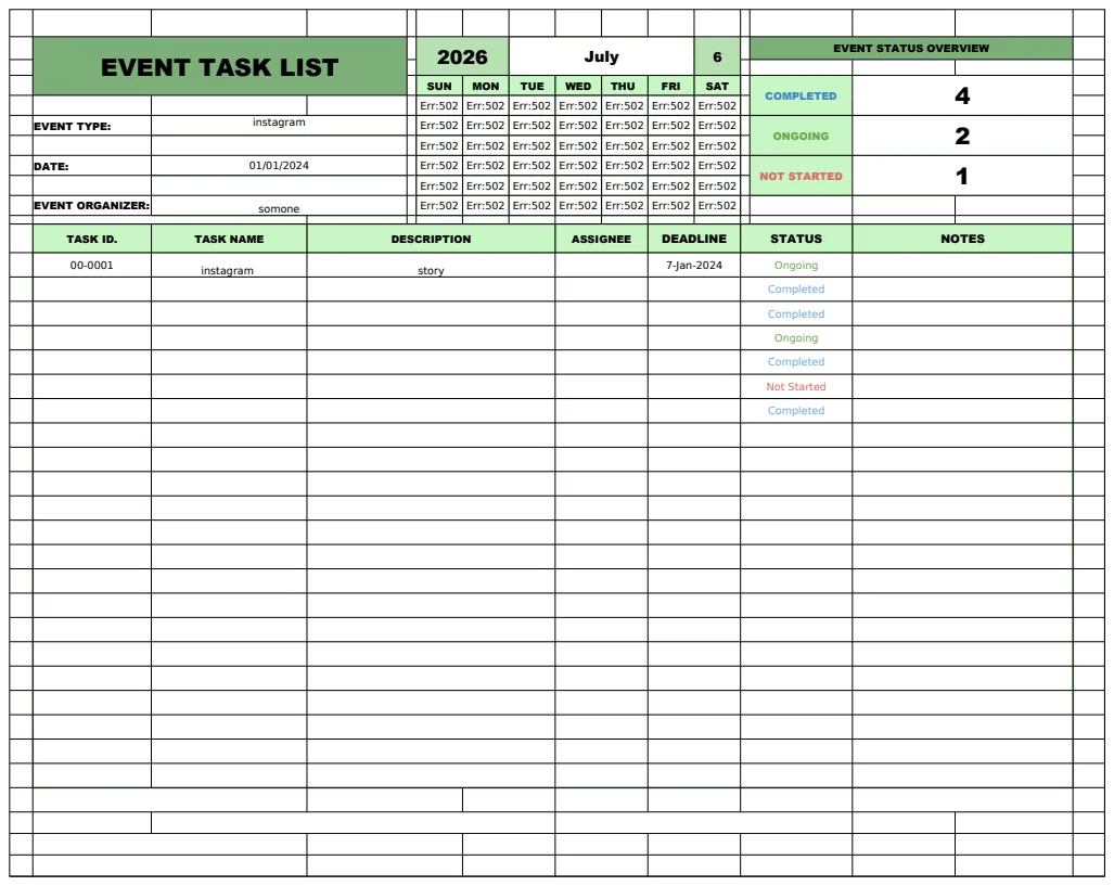 Event Task List Template preview