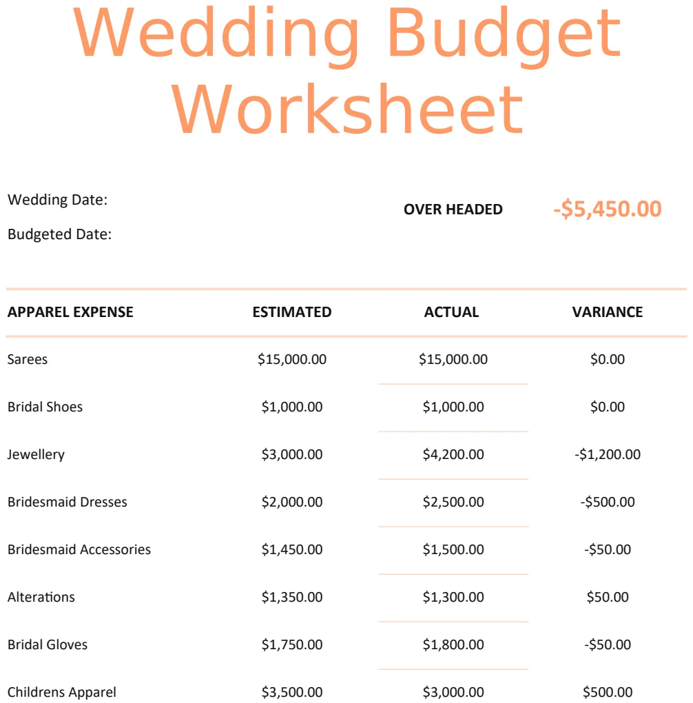 Free Printable Wedding Budget Worksheet Template US preview