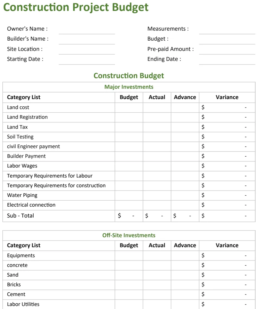 Construction Project Budget Template preview