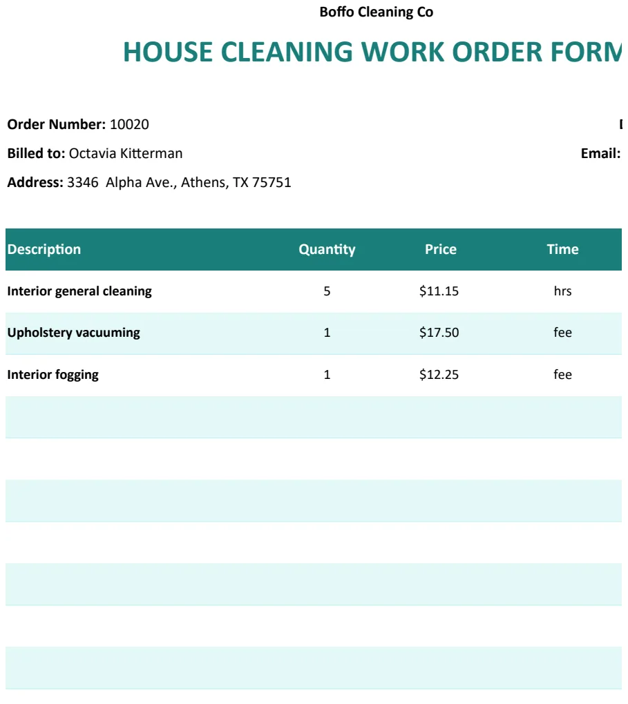 House Cleaning Work Order Form preview