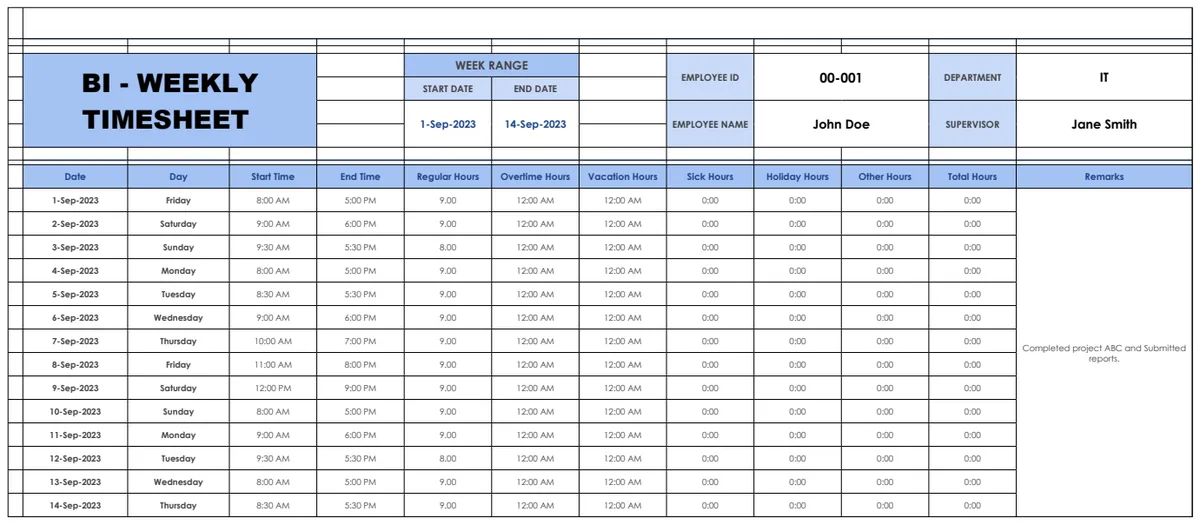 Bi-Weekly Timesheet Template preview