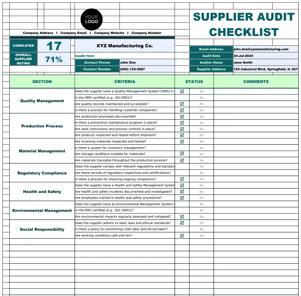 Operations Supplier Audit Checklist Template preview
