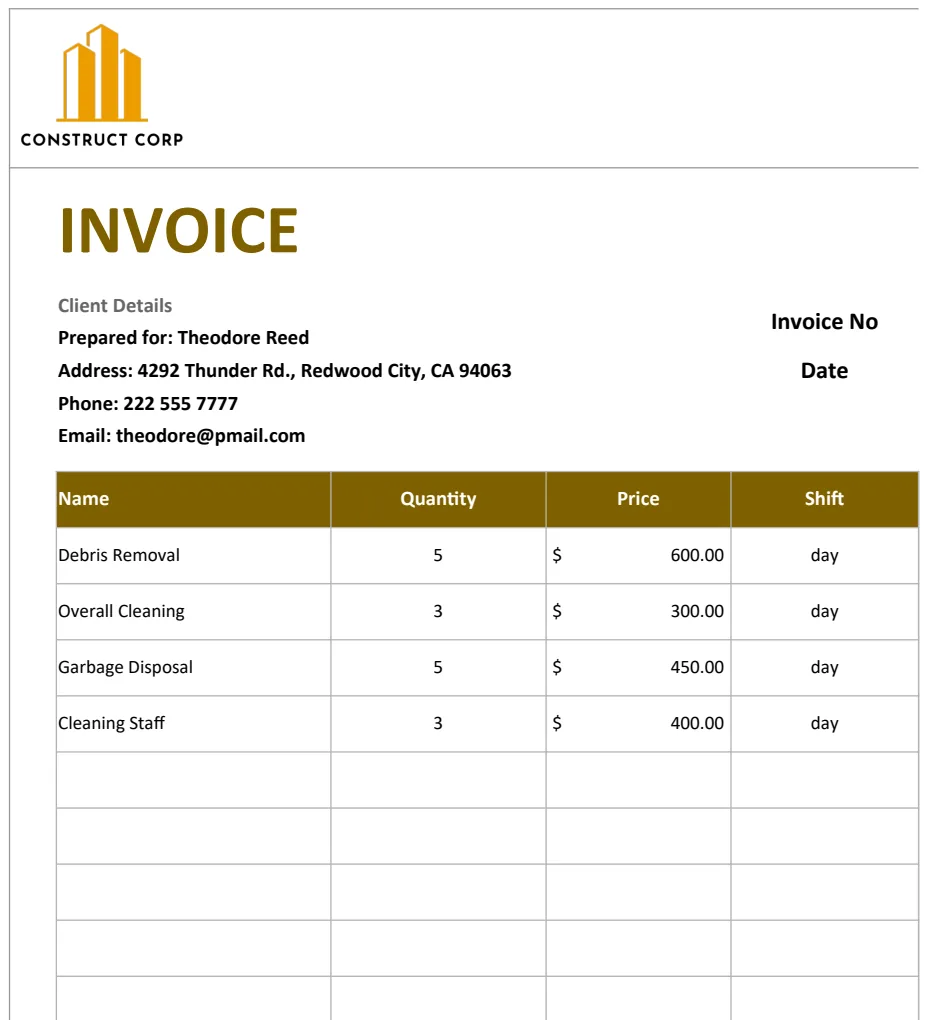 Construction Cleaning Invoice preview